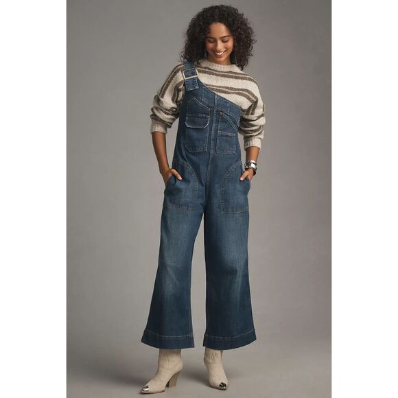 Anthropologie Pants - Anthropologie Dark Blue Denim Wide-Leg Asymmetric Overalls Jumpsuit